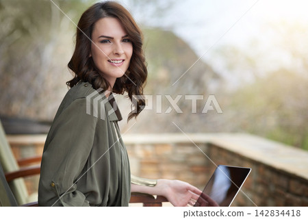 Woman, portrait and smile outside with laptop for travel journal with pride for social media job on weekend. Blog, nature and animal rights activist or wildlife conservationist with online profile. Woman, portrait and smile outside with laptop for travel journal with pride for social media job on weekend. Blog, nature and animal rights activist or wildlife conservationist with online profile. 142834418