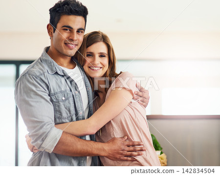 Portrait, home and couple with love, hug and smile with happiness, romance and relationship. Face, people and embrace with man, woman and marriage with care, trust and date with commitment and relax Portrait, home and couple with love, hug and smile with happiness, romance and relationship. Face, people and embrace with man, woman and marriage with care, trust and date with commitment and relax 142834504