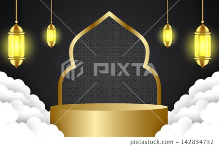 Modern Islamic holiday banner. Show off the podium with Ramadan lantern Modern Islamic holiday banner. Show off the podium with Ramadan lantern 142834732