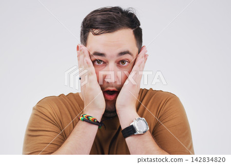 Surprise, announcement and portrait of man with news, info or drama on white background. Shocked, face and college student with crazy secret, gossip or emoji reaction to crisis at university Surprise, announcement and portrait of man with news, info or drama on white background. Shocked, face and college student with crazy secret, gossip or emoji reaction to crisis at university 142834820