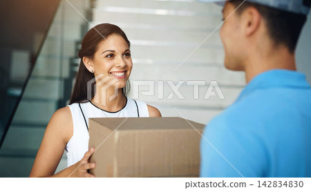 Woman, receiving and delivery with courier, package and box from online shopping or ecommerce. Customer, service and distribution for logistics, export and parcel goods with stock order or postage Woman, receiving and delivery with courier, package and box from online shopping or ecommerce. Customer, service and distribution for logistics, export and parcel goods with stock order or postage 142834830
