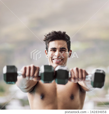 Dumbbells, outdoor portrait or happy man in fitness training, exercise or workout for wellness, lifting or balance. Development, challenge or topless athlete with weights for muscle, power or growth Dumbbells, outdoor portrait or happy man in fitness training, exercise or workout for wellness, lifting or balance. Development, challenge or topless athlete with weights for muscle, power or growth 142834858