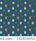 Winter streetscape background, snow, houses, Christmas, seamless pattern, hand-drawn. 142834952