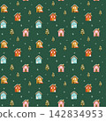 A seamless Christmas pattern depicting a snowy winter townscape and charming houses. 142834953