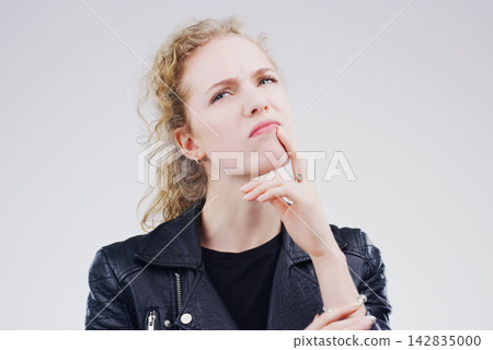 Idea, confused and woman with doubt for question, problem solving or brainstorming solution isolated on white studio background. Vision, thinking and planning future, decision or serious reflection Idea, confused and woman with doubt for question, problem solving or brainstorming solution isolated on white studio background. Vision, thinking and planning future, decision or serious reflection 142835000