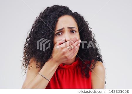 Spanish woman, portrait and shocked for news, announcement and secret in studio on white background. Girl, surprise and wtf facial expression with hand on mouth for gossip, information or crazy story Spanish woman, portrait and shocked for news, announcement and secret in studio on white background. Girl, surprise and wtf facial expression with hand on mouth for gossip, information or crazy story 142835008