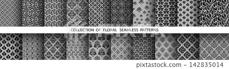 Geometric floral set of seamless patterns. Gray and black vector backgrounds. Damask graphic ornaments 142835014