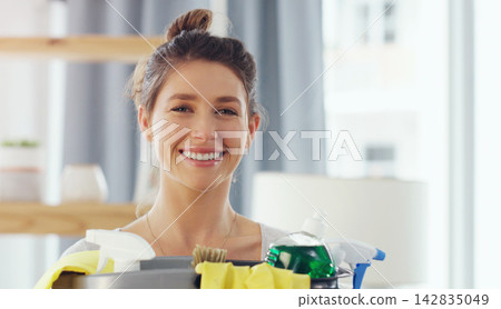 Happy woman, portrait and bucket with cleaning supplies for housekeeping, disinfection or hygiene at home. Female person, maid or cleaner with smile for chores, bacteria or germ removal at house Happy woman, portrait and bucket with cleaning supplies for housekeeping, disinfection or hygiene at home. Female person, maid or cleaner with smile for chores, bacteria or germ removal at house 142835049