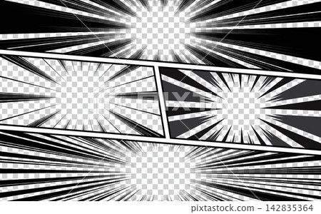 Comic book page template with halftone radial and rays effect in pop art style 142835364