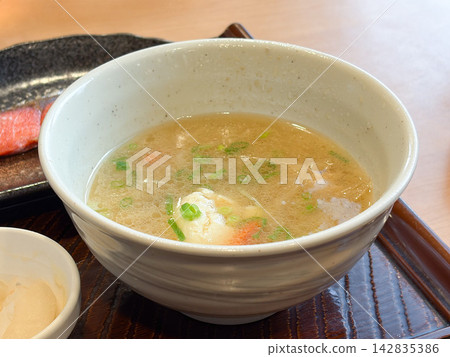 Pork miso soup, a Japanese-style miso soup with tofu. Pork miso soup, a Japanese-style miso soup with tofu. 142835386