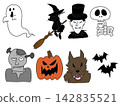 Illustrations of Halloween characters: ghost, witch, vampire, skeleton, Frankenstein, pumpkin, wolf, bat 142835521