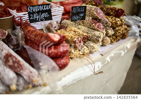 Assorted Cured Sausages and Deli Meats Display at Traditional Market Assorted Cured Sausages and Deli Meats Display at Traditional Market 142835564