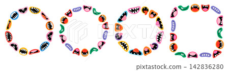 Funny vector Halloween frames with monster mouths, tongues and teeth for birthday party invitation designs. Fun and spooky circle and square borders Funny vector Halloween frames with monster mouths, tongues and teeth for birthday party invitation designs. Fun and spooky circle and square borders 142836280