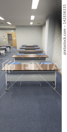 An empty training room with blue chairs and wooden desks. An empty training room with blue chairs and wooden desks. 142836335