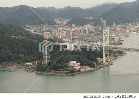 View of the Kanmon Strait, Kanmon Bridge, and Mojiko Port from Hinoyama Park in Shimonoseki City View of the Kanmon Strait, Kanmon Bridge, and Mojiko Port from Hinoyama Park in Shimonoseki City 142836909