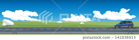 Horizontal of SUV car driving on asphalt road. Scenic highway road running through a green meadow landscape with a single car driving under a bright blue sky with white clouds. For banner background. Horizontal of SUV car driving on asphalt road. Scenic highway road running through a green meadow landscape with a single car driving under a bright blue sky with white clouds. For banner background. 142836913
