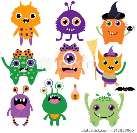 Cute, funny and silly vector monsters for Halloween in purple, green and orange colors 142837060