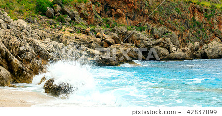 raging splash wave shore line scenery view tranquil environment space panoramic naturel scene raging splash wave shore line scenery view tranquil environment space panoramic naturel scene 142837099