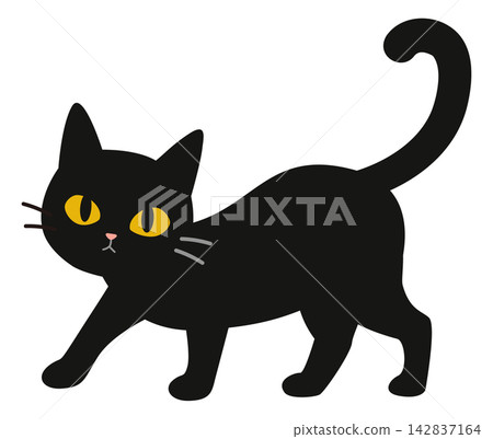 A simple illustration of a walking black cat with striking yellow eyes. A simple illustration of a walking black cat with striking yellow eyes. 142837164