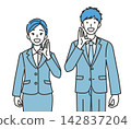 An illustration of a man and woman in suits speaking to a customer. 142837204