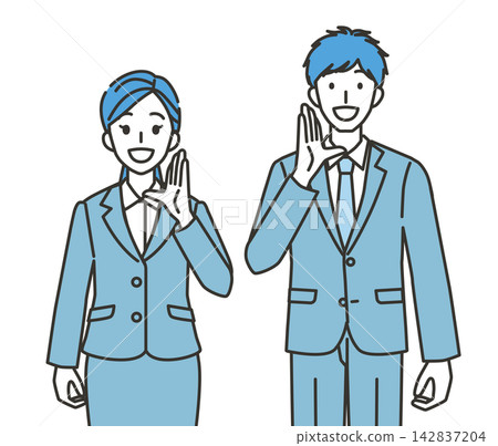 An illustration of a man and woman in suits speaking to a customer. An illustration of a man and woman in suits speaking to a customer. 142837204
