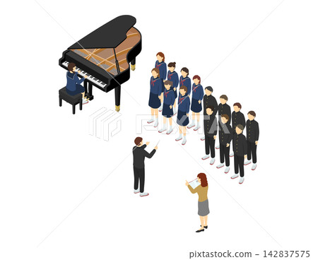 Isometric illustration: Middle school students (winter uniforms) practicing choir. Isometric illustration: Middle school students (winter uniforms) practicing choir. 142837575