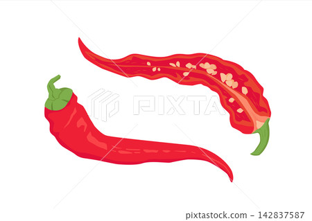 Red chilli spicy peppers. Whole pepper and half sliced with seeds on white background Red chilli spicy peppers. Whole pepper and half sliced with seeds on white background 142837587