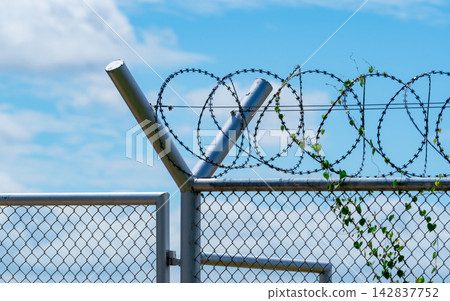 Razor wire security fence with metal chain link barrier against blue sky, perimeter protection and restricted access boundary for secure facility and private property. Razor wire security fence with metal chain link barrier against blue sky, perimeter protection and restricted access boundary for secure facility and private property. 142837752