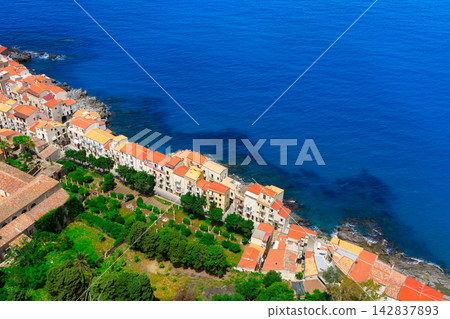 aerial top view waterfront district of resort city with small cottage houses for rental service in summer vacation 142837893