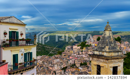 ancient stone city scape amazing view point on country side landscape from high towers and spires ancient stone city scape amazing view point on country side landscape from high towers and spires 142837894