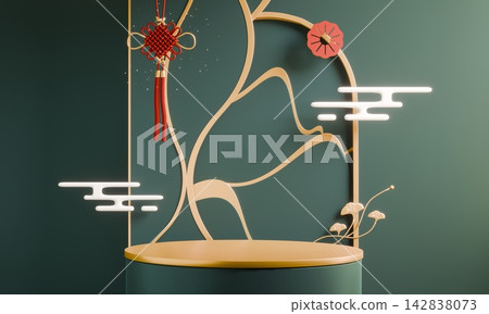 Chinese display stand with a chinaese decoration for present product,Green and red color Asia style background. 3D rendering Chinese display stand with a chinaese decoration for present product,Green and red color Asia style background. 3D rendering 142838073