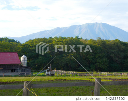 岩手山和岩手縣雫石町小岩井農場的第一個被指定為重要文化財產的牛棚。 岩手山和岩手縣雫石町小岩井農場的第一個被指定為重要文化財產的牛棚。 142838102