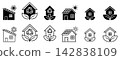 Sustainable eco house icon collection solid and outline style solar energy, green rooftop, recycling badges, and leaf symbols, flat vector isolated on white background. 142838109
