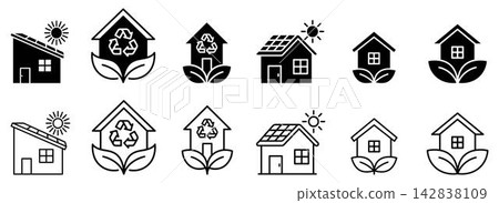 Sustainable eco house icon collection solid and outline style solar energy, green rooftop, recycling badges, and leaf symbols, flat vector isolated on white background. 142838109