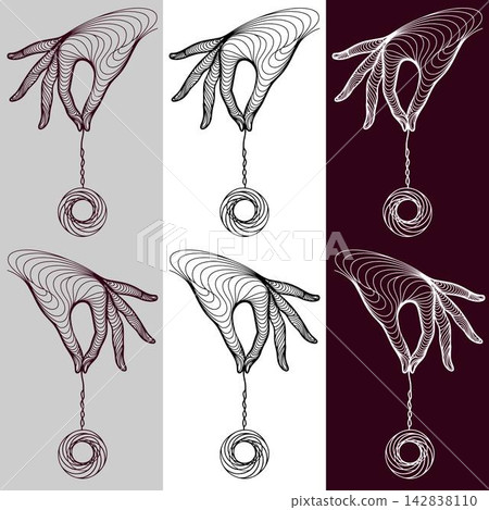 Abstract linear style hand flat vector illustration holding a swirling spiral shape in a minimalist graphic design, isolated on various background. 142838110