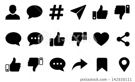 Collection of black social media interface solid vector icons featuring user profile, chat bubbles, hashtag, thumbs up, down, heart, share, bookmark and location pin symbols, isolated on a white 142838111