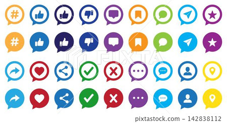 Colorful social media interface icon bundle flat vector featuring various communication symbols and user interaction buttons for digital web design projects, isolated on a white background. Colorful social media interface icon bundle flat vector featuring various communication symbols and user interaction buttons for digital web design projects, isolated on a white background. 142838112