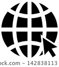 Minimalist black and white globe icon with a computer mouse cursor arrow symbol representing global internet connectivity and digital navigation, isolated on a white background. Minimalist black and white globe icon with a computer mouse cursor arrow symbol representing global internet connectivity and digital navigation, isolated on a white background. 142838113