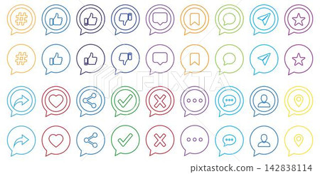 Set of colorful social media interface flat vector line icons in speech bubbles for digital communication, web design, mobile apps, and user interface elements collection on a white background. Set of colorful social media interface flat vector line icons in speech bubbles for digital communication, web design, mobile apps, and user interface elements collection on a white background. 142838114