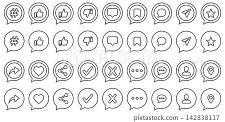 Set of social media interface icons in flat vector outline style in speech bubbles for digital communication and user interaction design elements on white background on a white background. Set of social media interface icons in flat vector outline style in speech bubbles for digital communication and user interaction design elements on white background on a white background. 142838117
