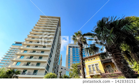Modern high-rise buildings surrounded by palm trees in Sochi, Russia 142838151