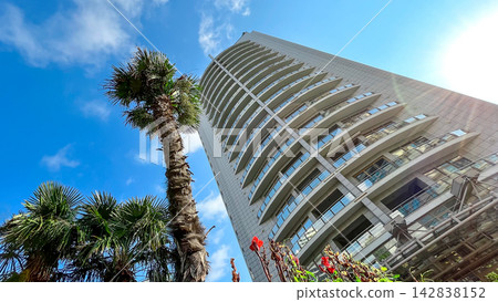 Modern high-rise building with curved balconies and palm trees in Sochi, Russia Modern high-rise building with curved balconies and palm trees in Sochi, Russia 142838152