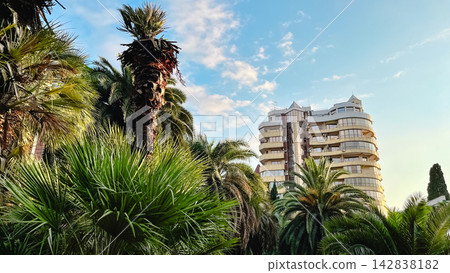 Modern residential building surrounded by palm trees in Sochi, Russia Modern residential building surrounded by palm trees in Sochi, Russia 142838182