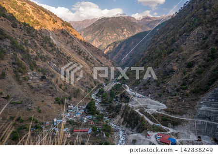 Scenery view of Syabrubesi village a beautiful resident village inside the Langtang National Park of Nepal. Syabrubesi lies at the base of a green hill on the way to Langtang Valley. Scenery view of Syabrubesi village a beautiful resident village inside the Langtang National Park of Nepal. Syabrubesi lies at the base of a green hill on the way to Langtang Valley. 142838249