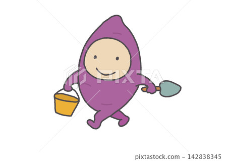 An illustration of a child dressed in a sweet potato costume going sweet potato digging. An illustration of a child dressed in a sweet potato costume going sweet potato digging. 142838345
