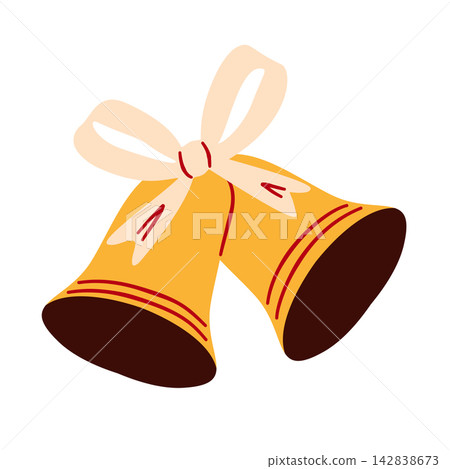 Golden Christmas jingle bells tied with a ribbon bow isolated on white background. Illustration of festive jingle bells for holiday decor and winter celebration. 142838673