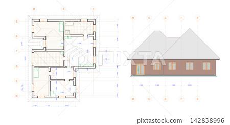 Architectural plan .House plan project .Engineering design .Industrial construction of houses .Vector illustration . 142838996