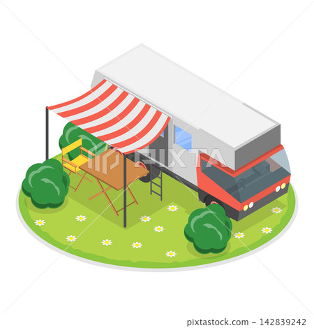 3D Isometric Flat Vector Illustration of Motorhomes, Vintage Campers Parked Outdoors In A Rustic Setting.. Item 1 3D Isometric Flat Vector Illustration of Motorhomes, Vintage Campers Parked Outdoors In A Rustic Setting.. Item 1 142839242