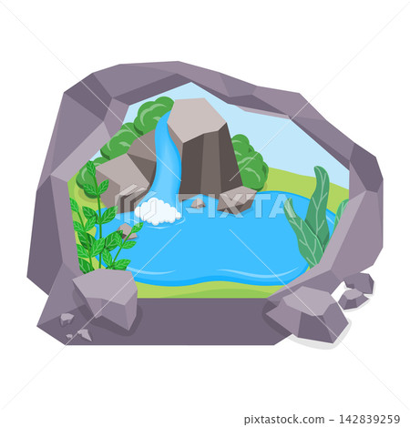 3D Isometric Flat Vector Illustration of Cave From Inside, Panoramic Vista From Stone Cave Entrance. Item 1 3D Isometric Flat Vector Illustration of Cave From Inside, Panoramic Vista From Stone Cave Entrance. Item 1 142839259