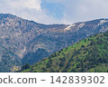 Landscape shot of mountain slopes covered in green grass and a mixed forest of coniferous and deciduous trees, set against a backdrop of dense white clouds. Snow lies on the hilltop in the background 142839302